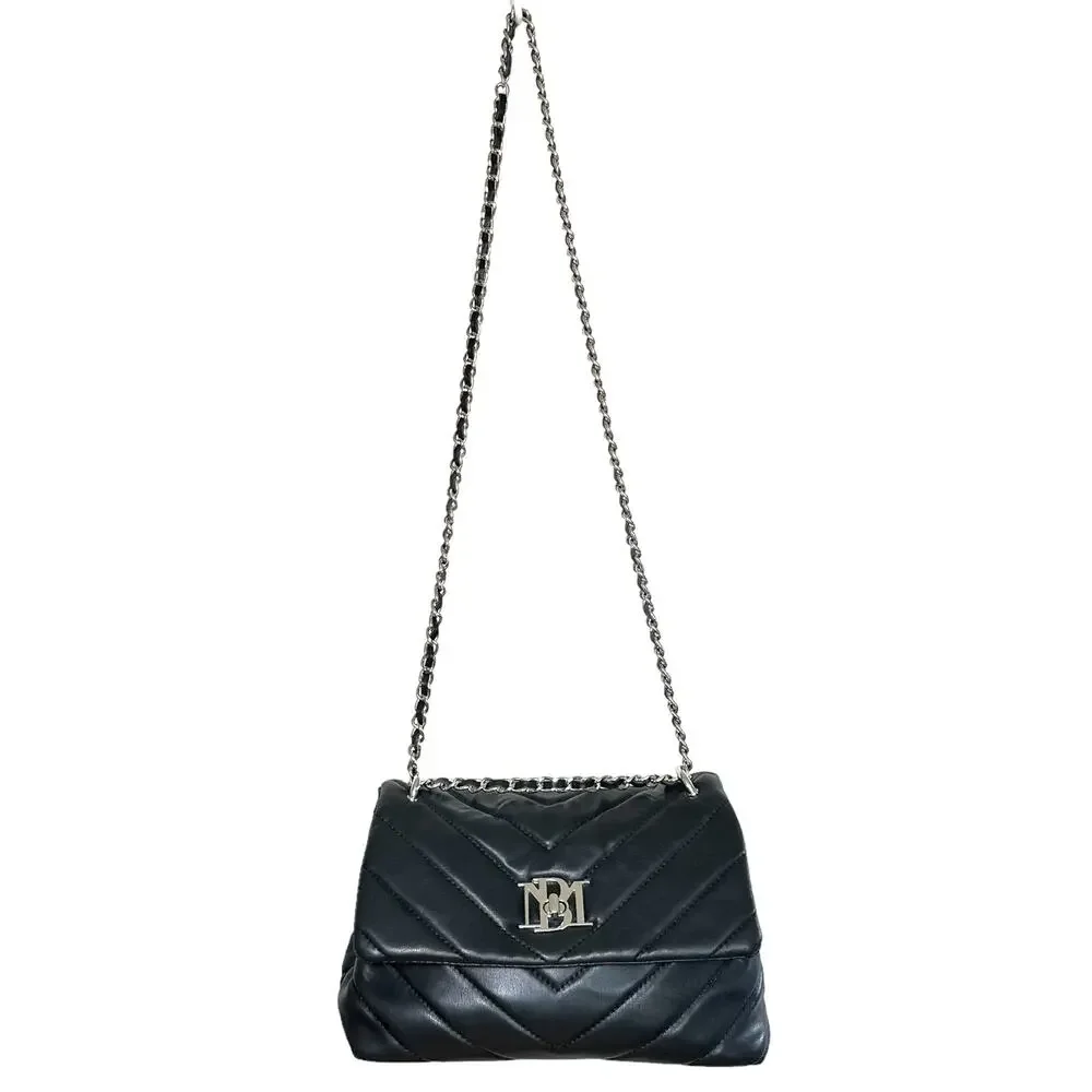 Badgley Mischka Chevron Quilted Flap Chain Vegan Leather Handbag Purse Black